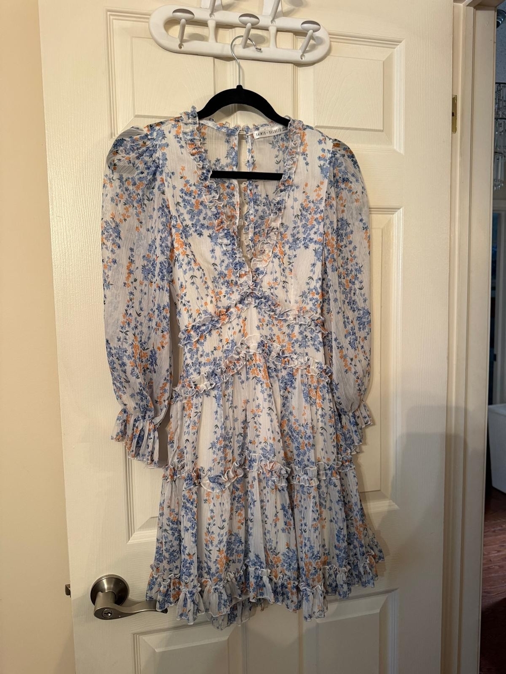Ruffled Floral Long-Sleeve Mini Dress in Blue & Cream